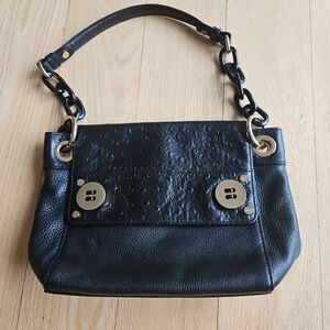 Milly Black Leather w/Ostrich Accent Bag chain link‎ Strap, Goldtone Medium